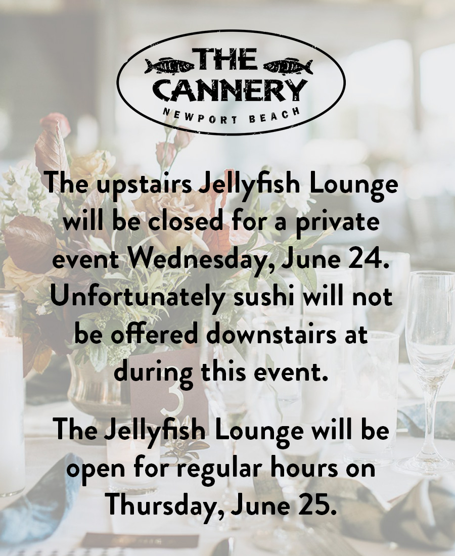 The upstairs Jellyfish Lounge will be closed for a private event Wednesday, June 24. Unfortunately sushi will not be offered downstairs at during this event. The Jellyfish Lounge will be open for regular hours on Thursday, June 25.